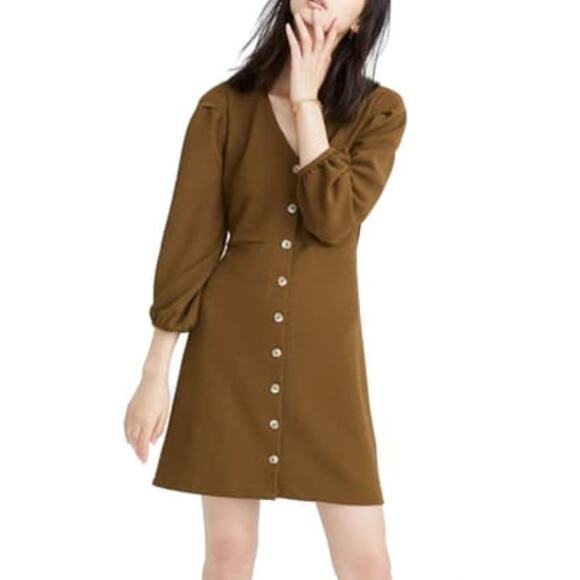 Madewell Texture & Thread Olive Green‎ Crepe Balloon Sleeve Dress Women Small - Picture 3 of 9